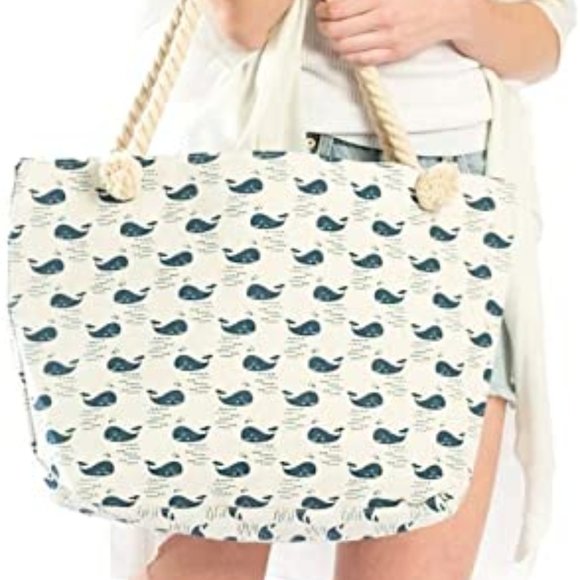 Navy Whale Canvas Tote Beach Bag - Picture 3 of 7
